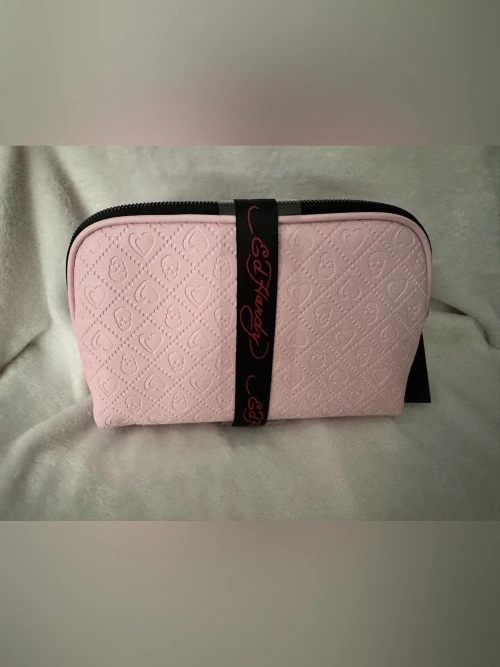Ed Hardy Pink Camo Skull & Rose Cosmetic Pouch with Bow